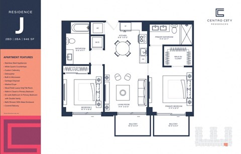Floor plan for 2 beds, 2 baths, 956 sqft
